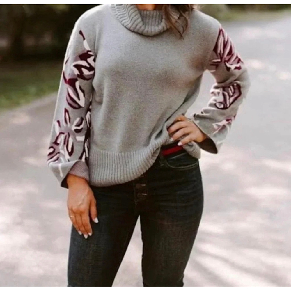 Women's Cabi Gray & Purple Floral Cowl Neck Sweater M